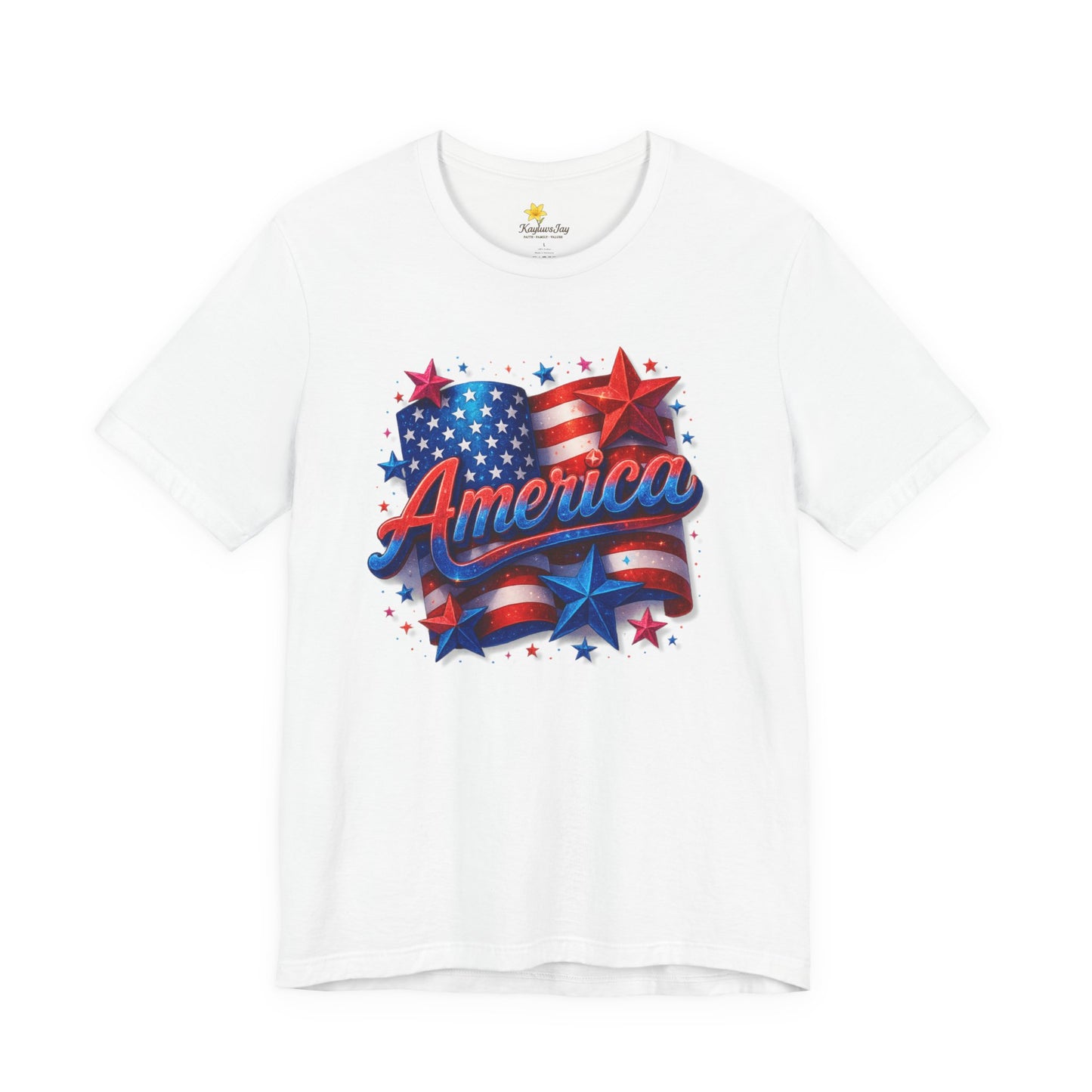 America 4th of July T-Shirt, Patriotic Sparkle Graphic Tee for Women, Red White & Blue Stars and Flag Shirt, USA Independence Day Shirt