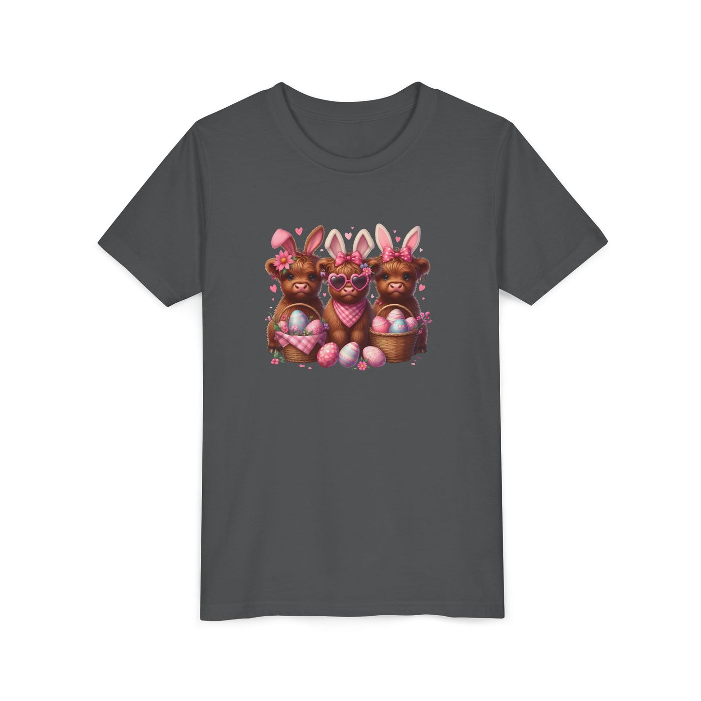 Youth Tee with Bunny Highland Cows and Easter Eggs