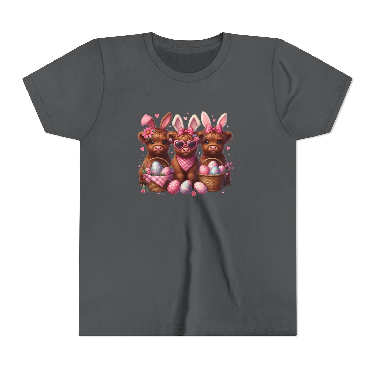 Youth Tee with Bunny Highland Cows and Easter Eggs