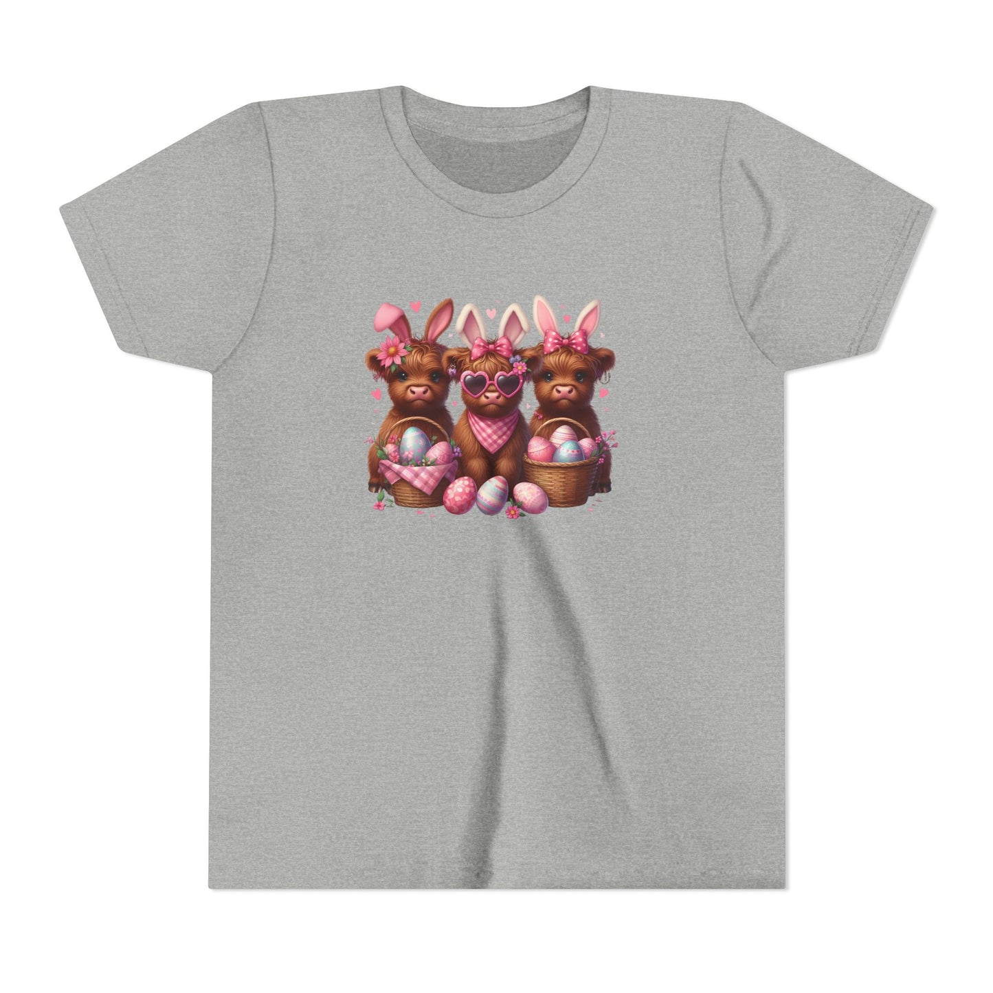 Youth Tee with Bunny Highland Cows and Easter Eggs