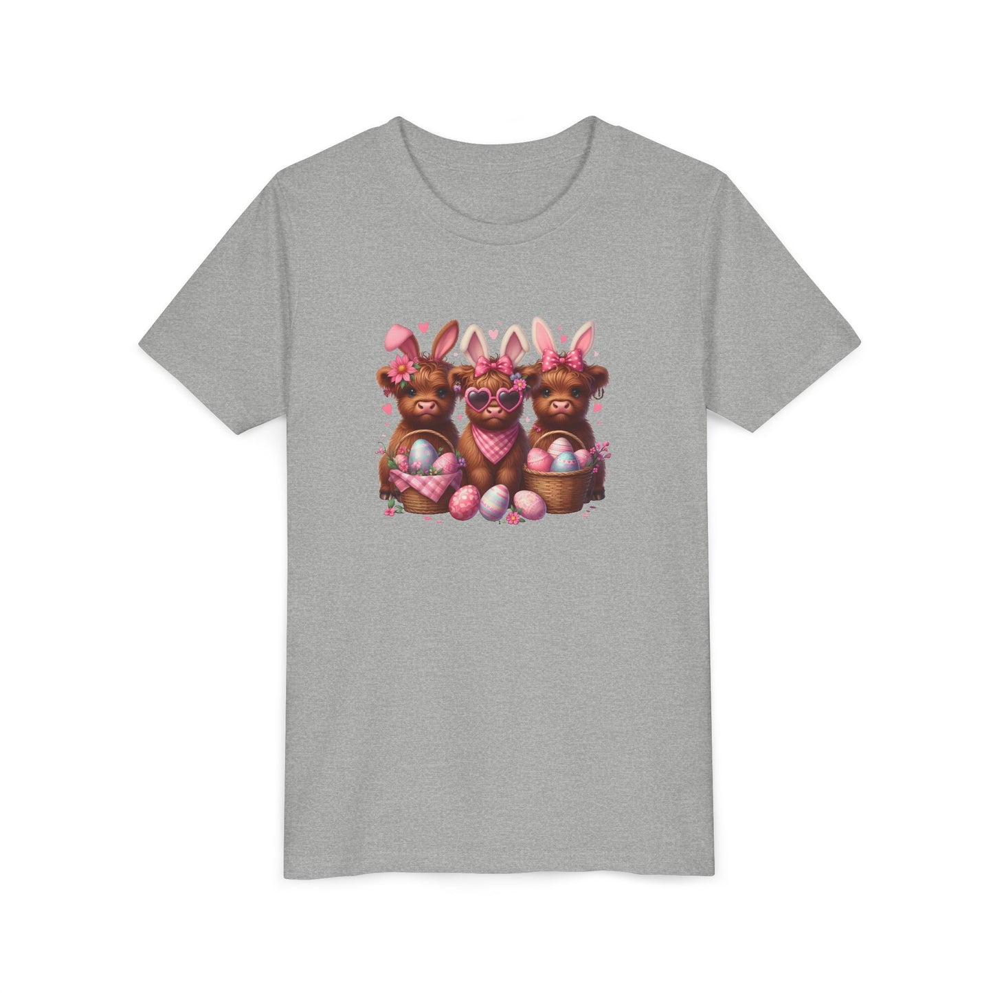 Youth Tee with Bunny Highland Cows and Easter Eggs