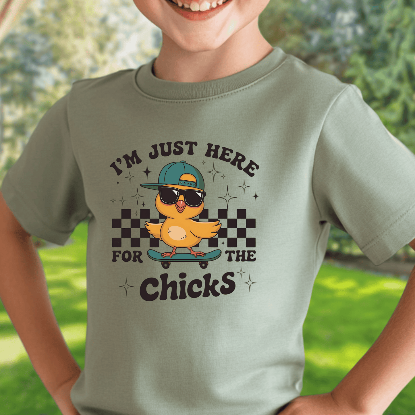 Kids Skateboarding Graphic Tee - 'I'm Just Here for the Chicks'