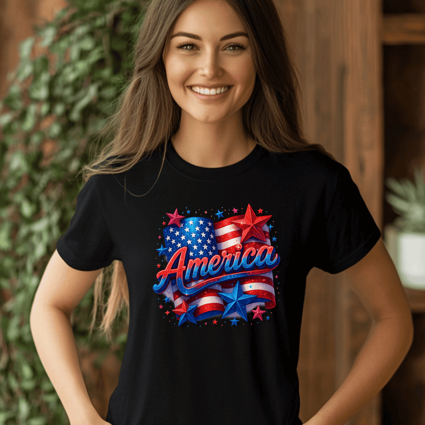 America 4th of July T-Shirt, Patriotic Sparkle Graphic Tee for Women, Red White & Blue Stars and Flag Shirt, USA Independence Day Shirt