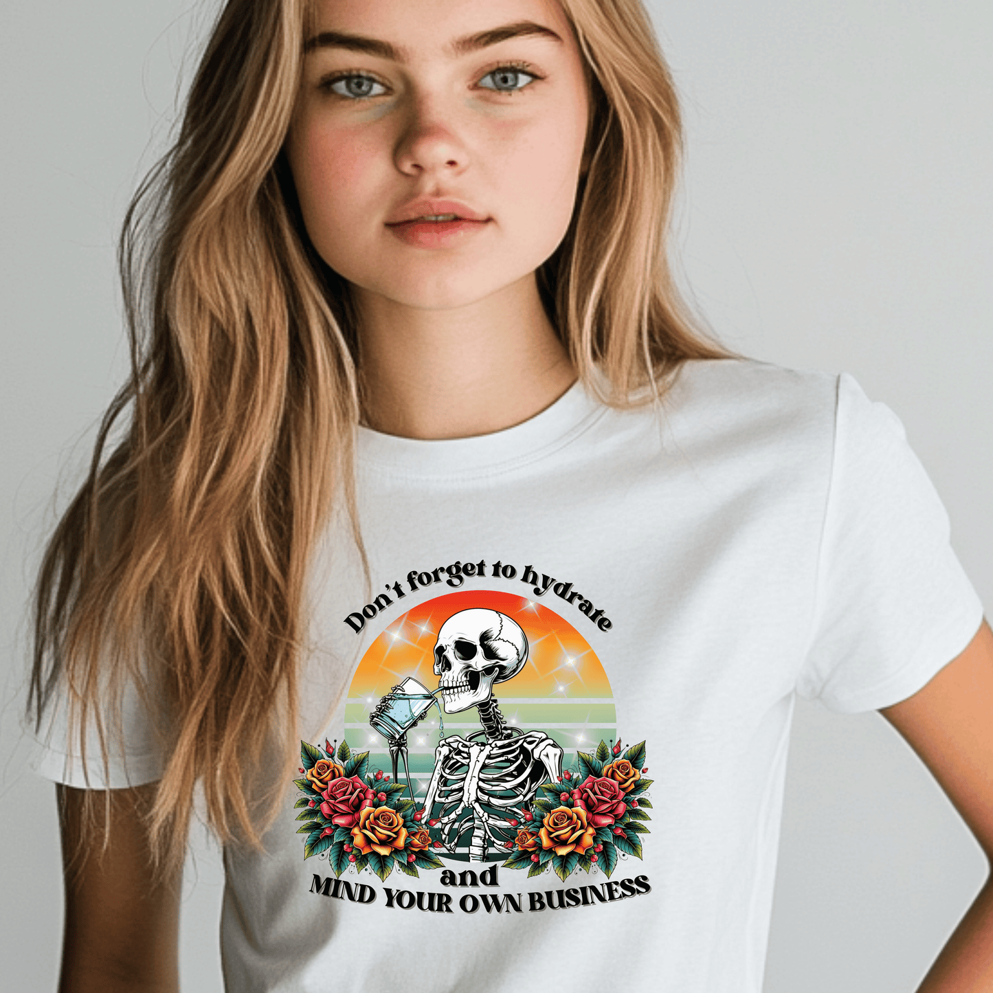 Skeleton Shirt - Hydrate & Mind Your Business Tee | Funny Gothic Floral Retro Skeleton T-Shirt | Dark Humor Summer Shirt