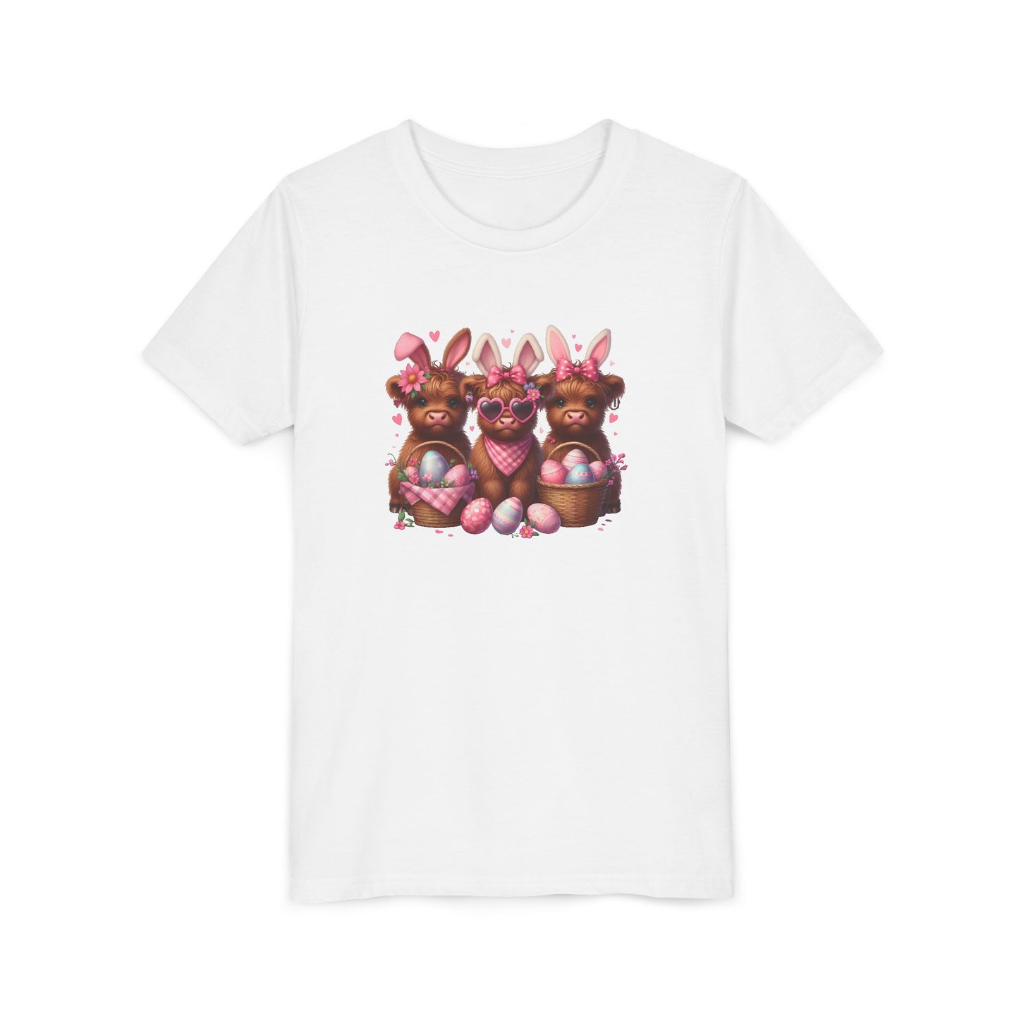 Youth Tee with Bunny Highland Cows and Easter Eggs