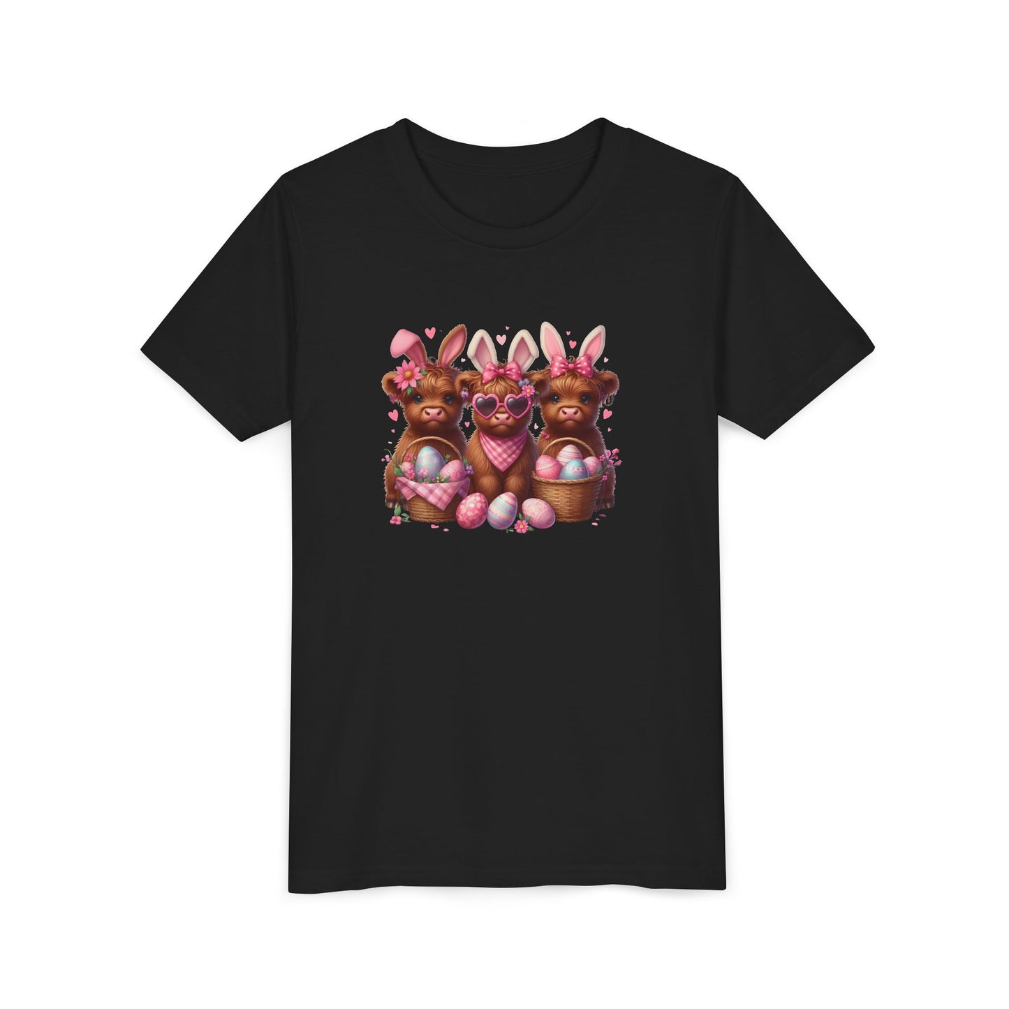 Youth Tee with Bunny Highland Cows and Easter Eggs