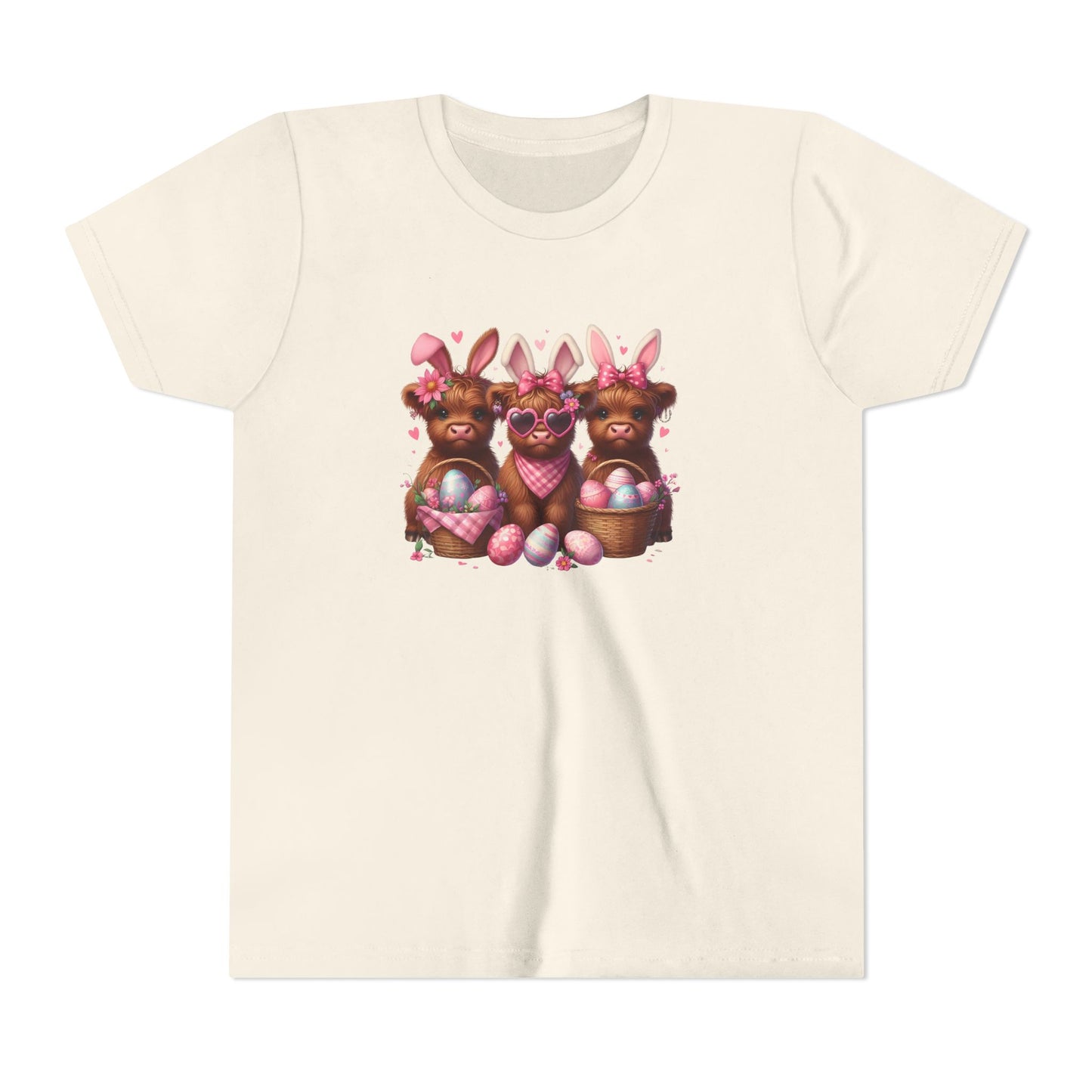 Youth Tee with Bunny Highland Cows and Easter Eggs