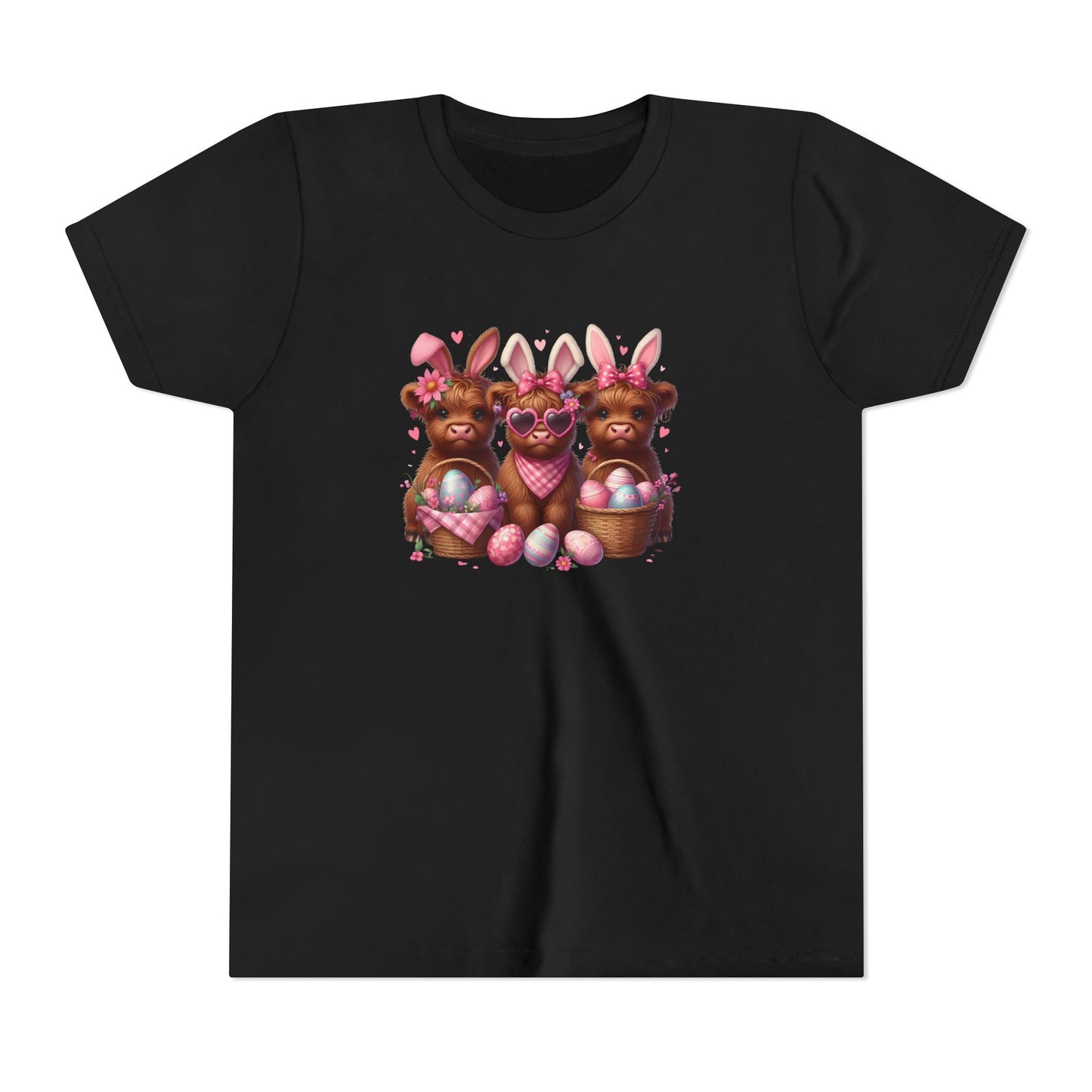 Youth Tee with Bunny Highland Cows and Easter Eggs