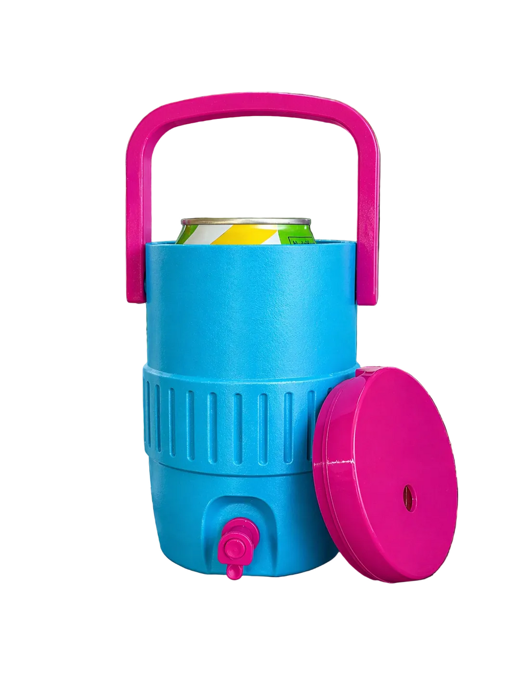 Blue cooler with pink handle and lid on a wooden table outdoors