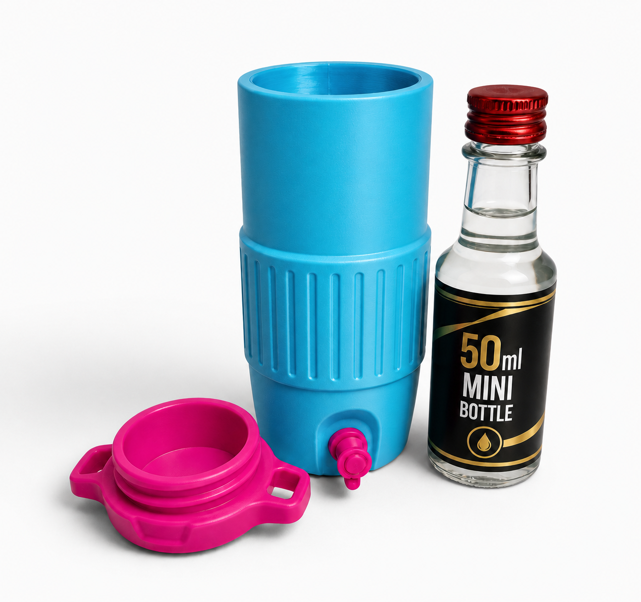 Blue portable cup with pink lid and spout, next to a 50ml mini bottle on a white background