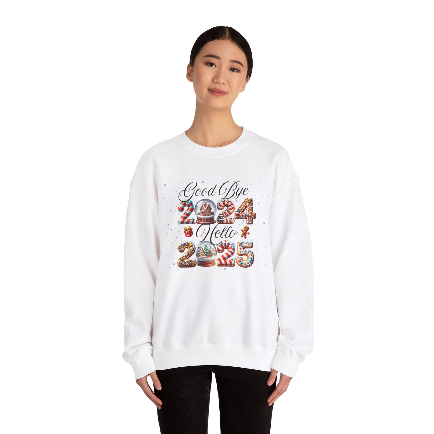 Crewneck Sweatshirt Good Bye 2024 Hell 2025 Cookie and Snow Globe Print
