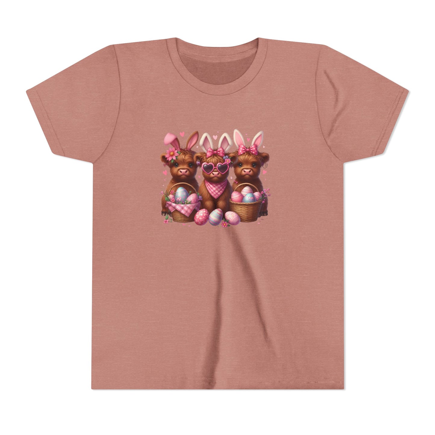 Youth Tee with Bunny Highland Cows and Easter Eggs