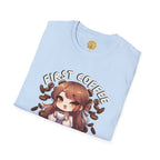 Light blue t-shirt with an anime character and 'First Coffee' text on a white background
