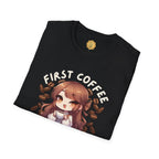 Black t-shirt with an anime character and 'First Coffee' text on a white background