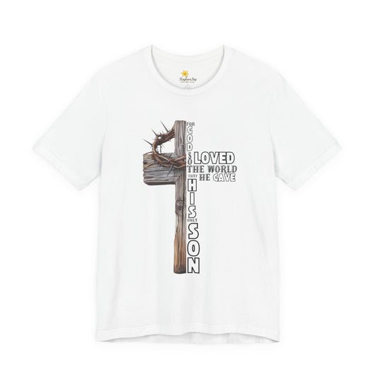 John 3:16 Cross Shirt | Christian Crown of Thorns Tee | Rustic Wood Cross Bible Verse T-Shirt | Faith-Based Scripture Shirt for Men & Women
