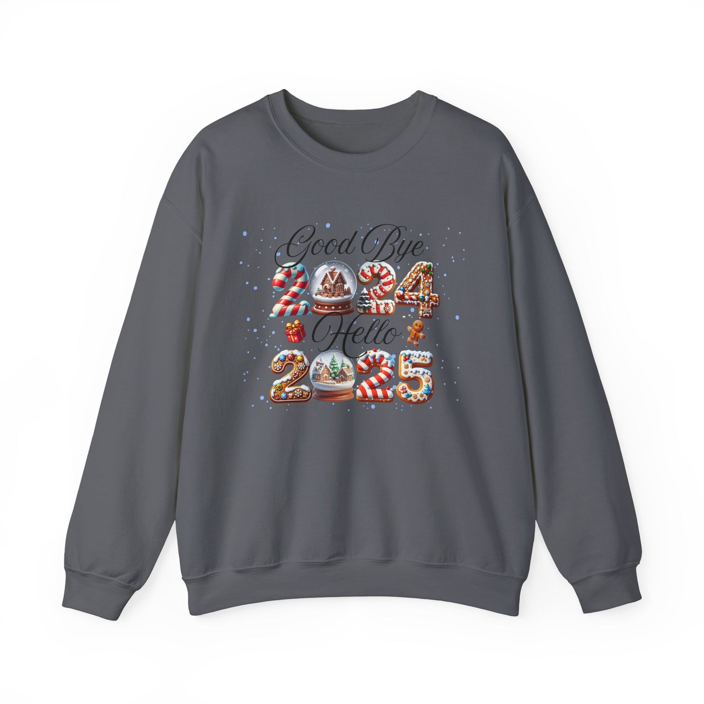 Crewneck Sweatshirt Good Bye 2024 Hell 2025 Cookie and Snow Globe Print