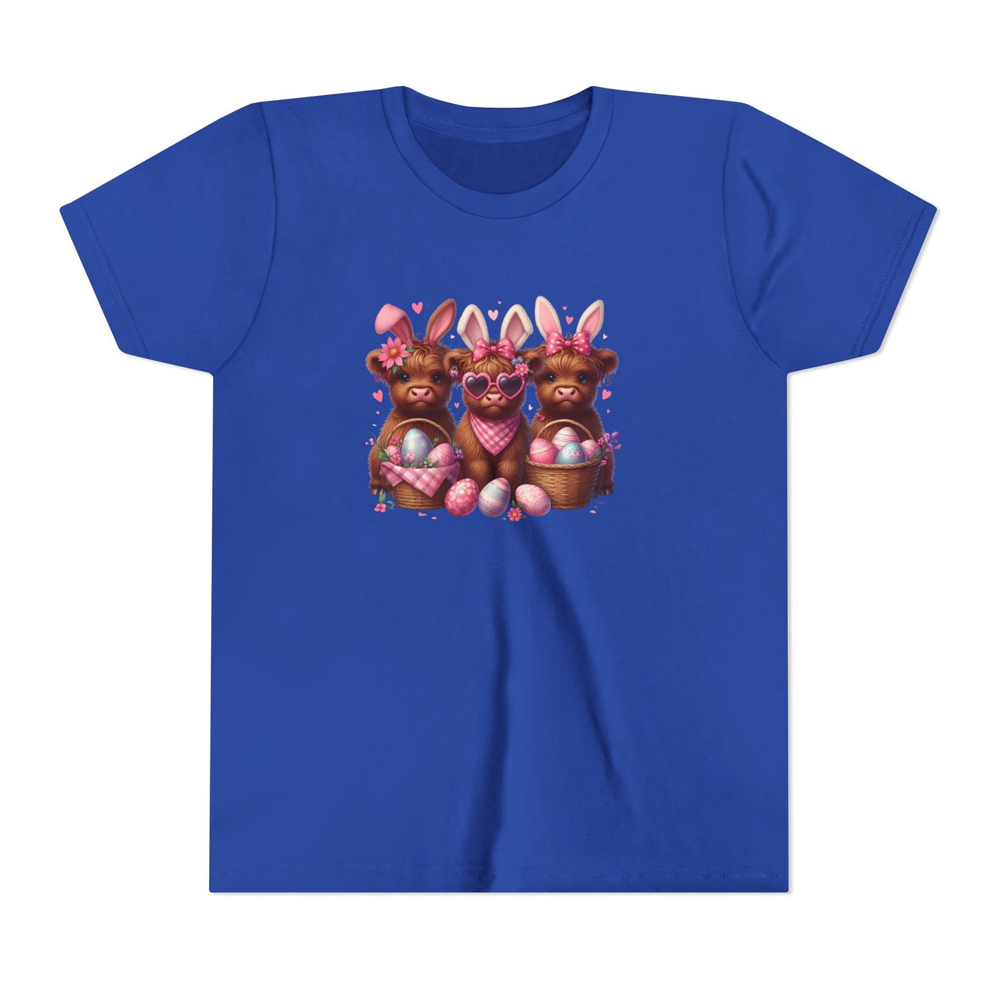 Youth Tee with Bunny Highland Cows and Easter Eggs