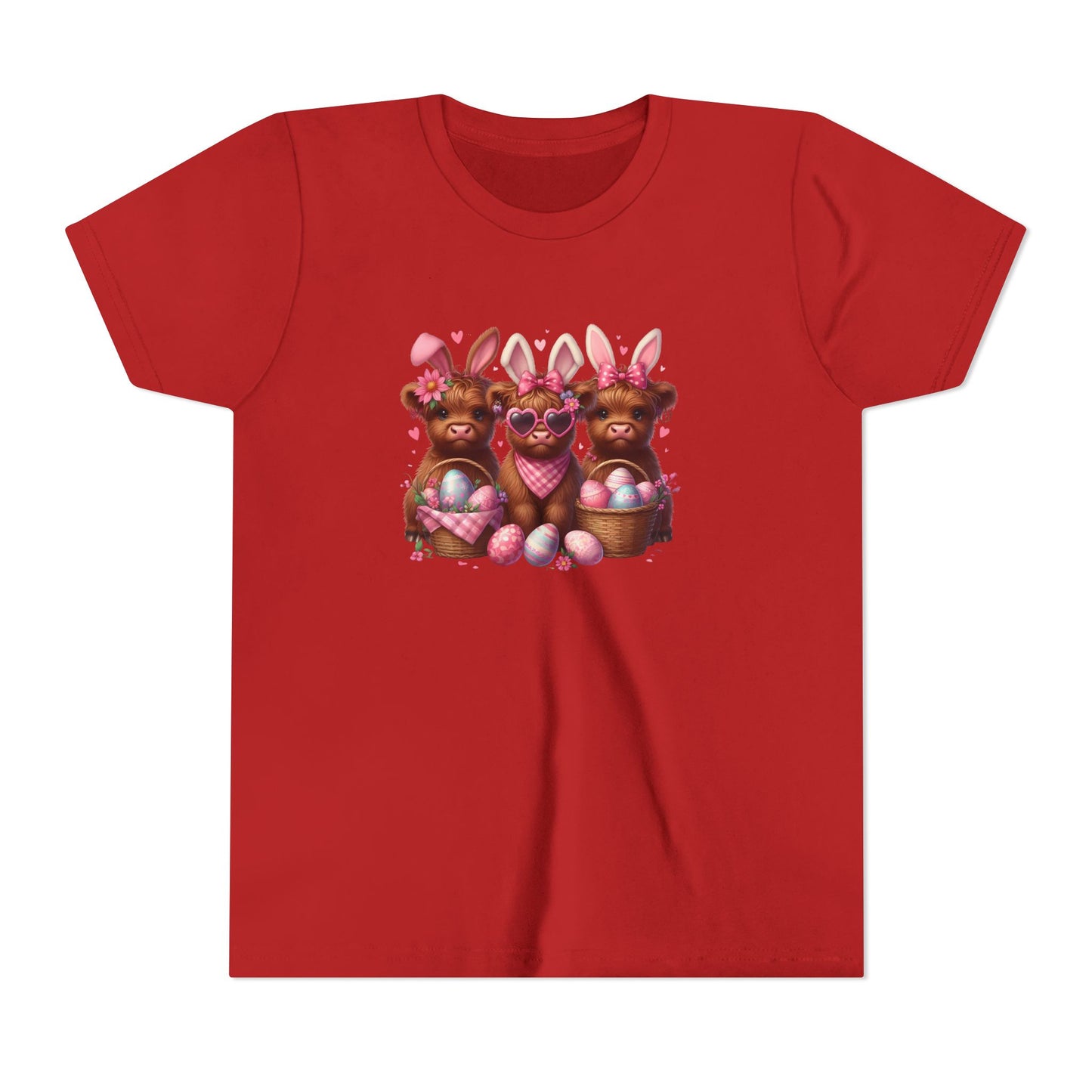 Youth Tee with Bunny Highland Cows and Easter Eggs