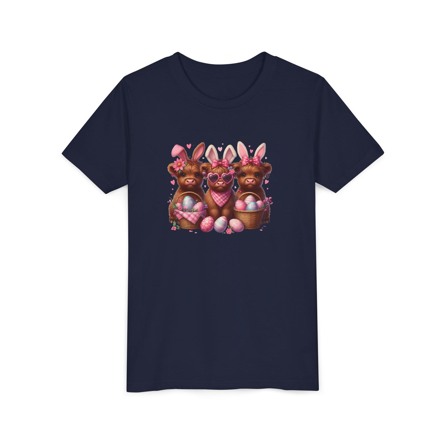 Youth Tee with Bunny Highland Cows and Easter Eggs