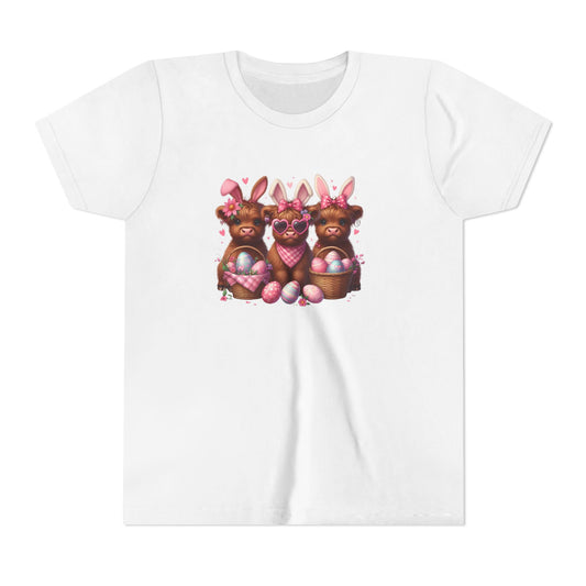Youth Tee with Bunny Highland Cows and Easter Eggs