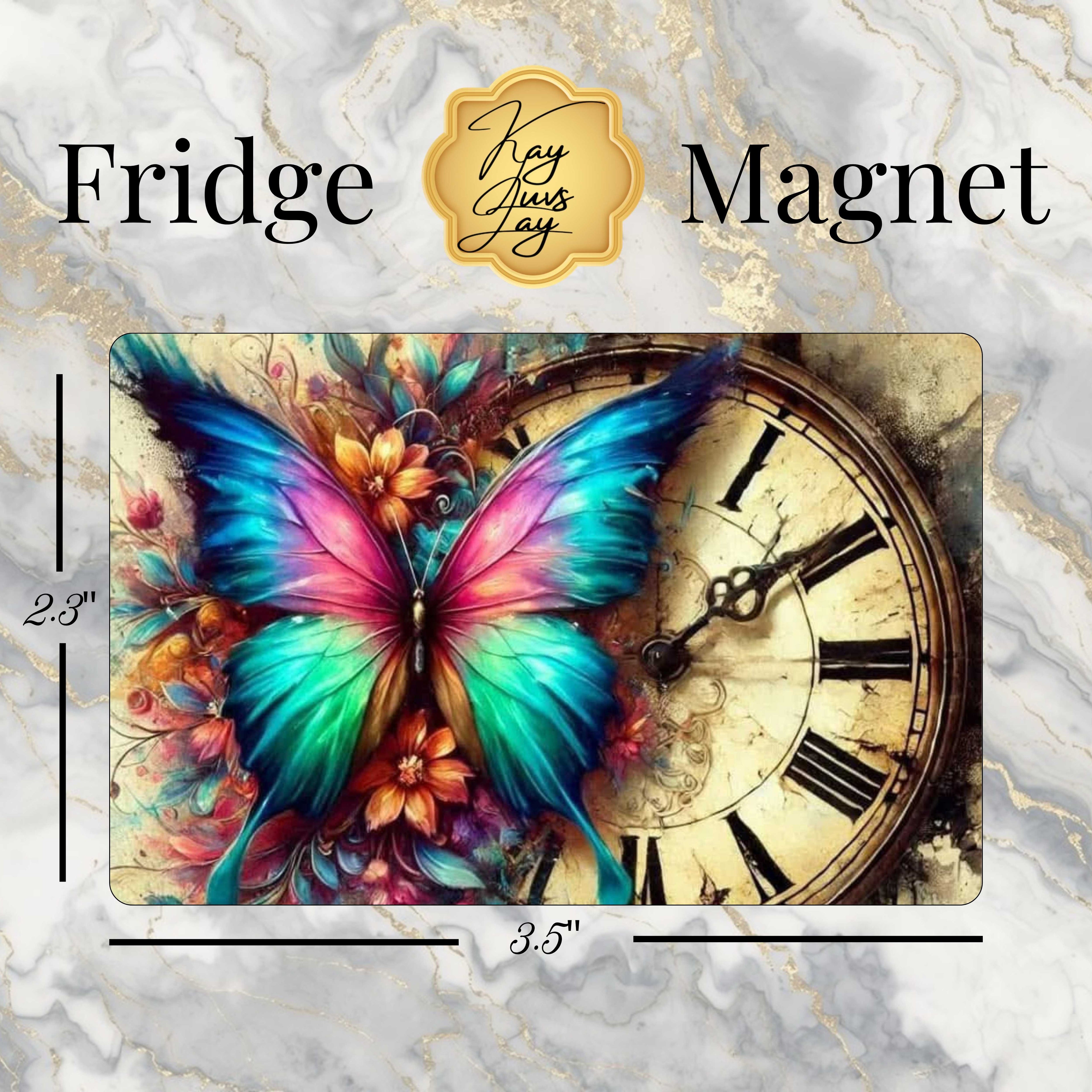 Fridge magnet with colorful butterfly design and clock, branded 'KayLuvsJay'