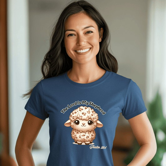 Unisex Christian t-shirt with cartoon sheep and "The Lord Is My Shepherd" Psalms 23 quote