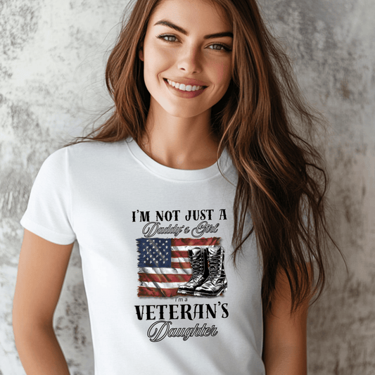 woman wearing patriotic t-shirt with boots and American flag that says I'm not just a daddy girl I'm a veteran's wife