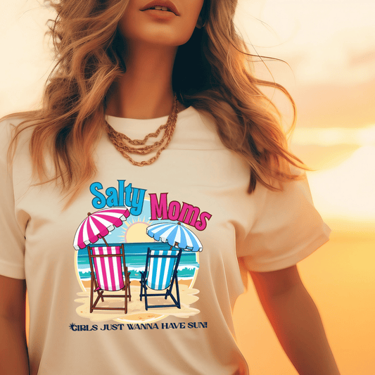 Salty Moms Beach Club Shirt – Girls Just Wanna Have Sun T-Shirt – Retro Summer Mom Shirt, Coastal Vibes Tee, Funny Beach Graphic Tee for Women