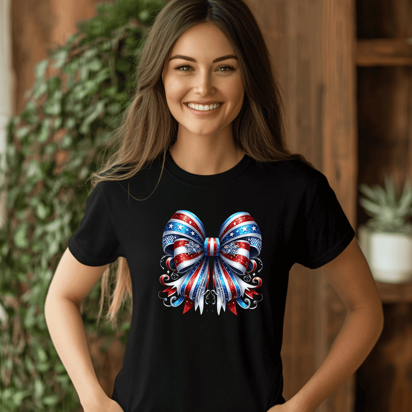 Patriotic Bow T-Shirt for Women – Red White & Blue 4th of July Shirt – Sparkly USA Flag Bow Tee – Cute Independence Day Outfit – America Shirt