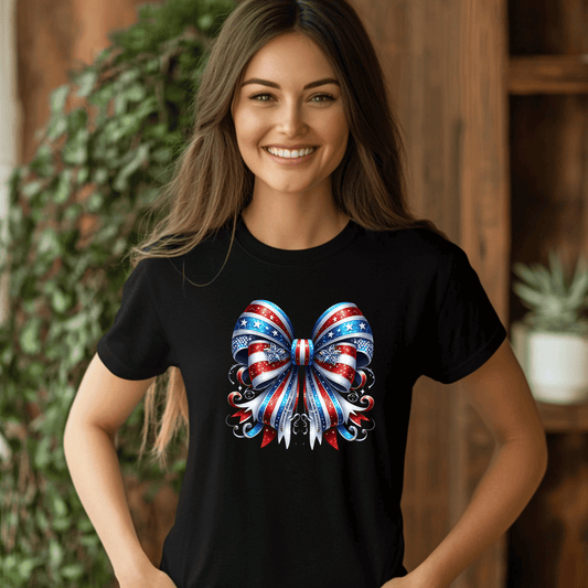 Patriotic Bow T-Shirt for Women – Red White & Blue 4th of July Shirt – Sparkly USA Flag Bow Tee – Cute Independence Day Outfit – America Shirt