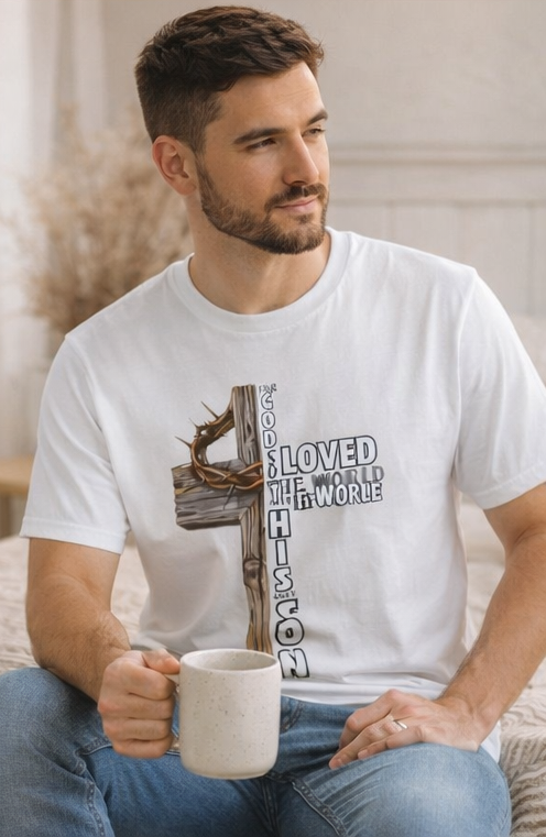 Christian Cross T-Shirt — "For God So Loved the World" Design