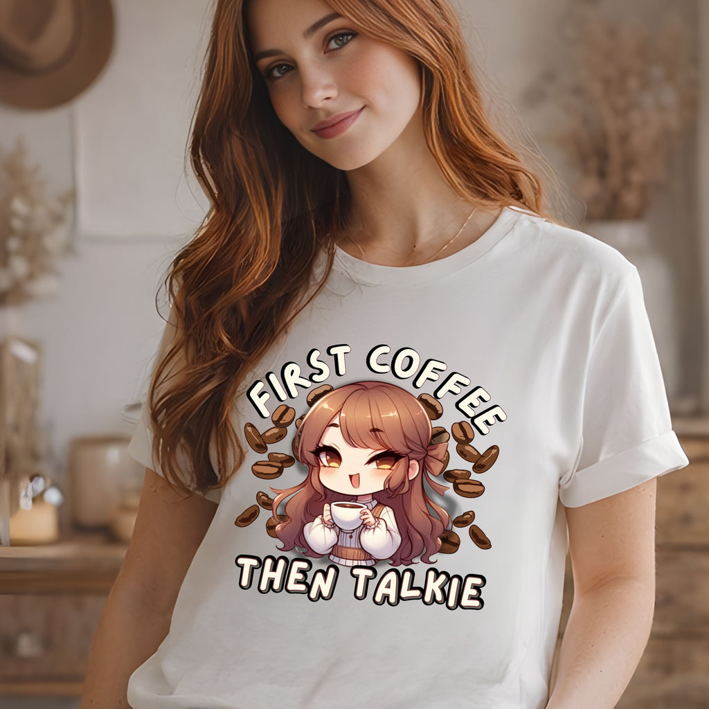 Woman wearing a white t-shirt with a cartoon character and text in a kitchen setting