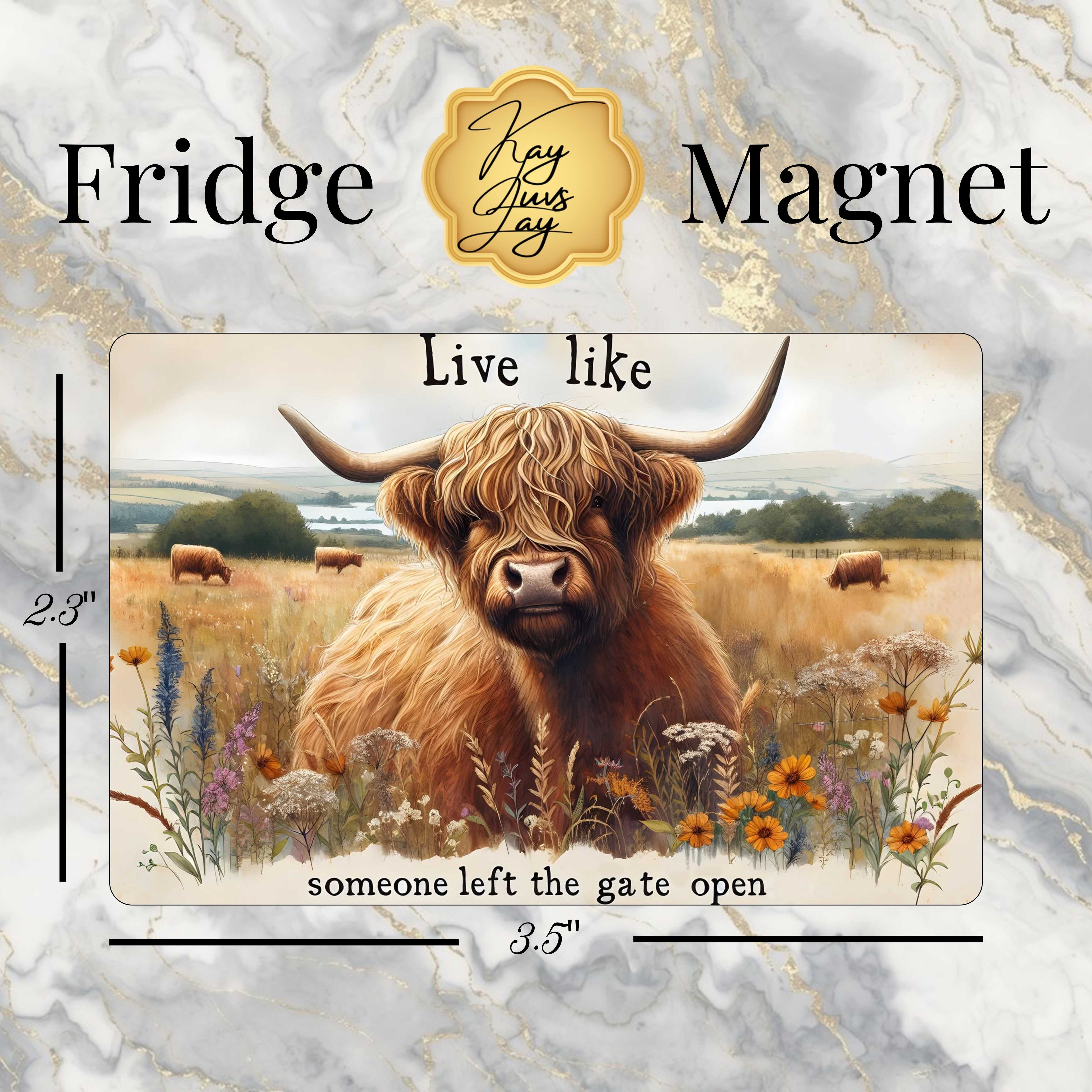 Fridge magnet with a highland cow design and text on a marble background
