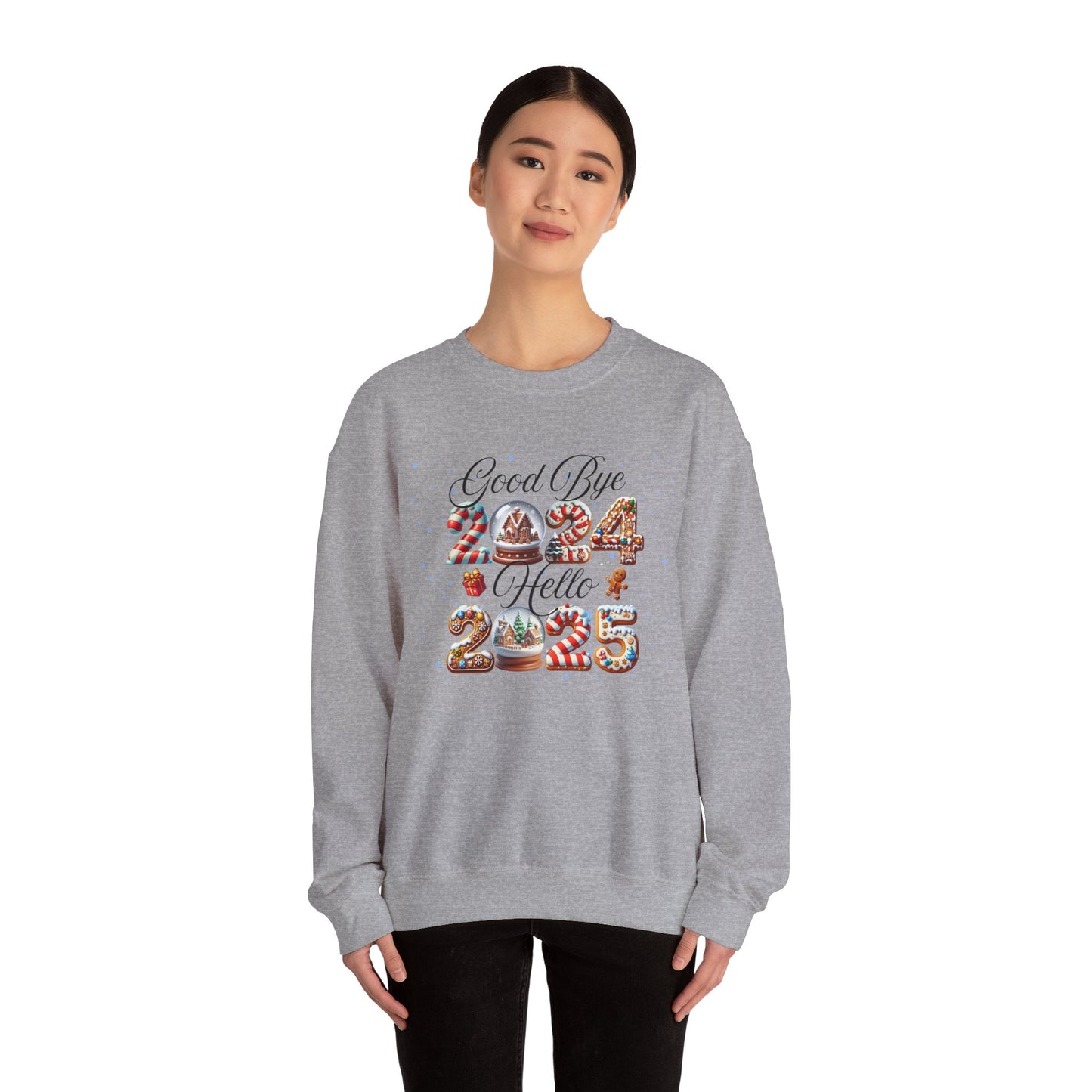 Crewneck Sweatshirt Good Bye 2024 Hell 2025 Cookie and Snow Globe Print