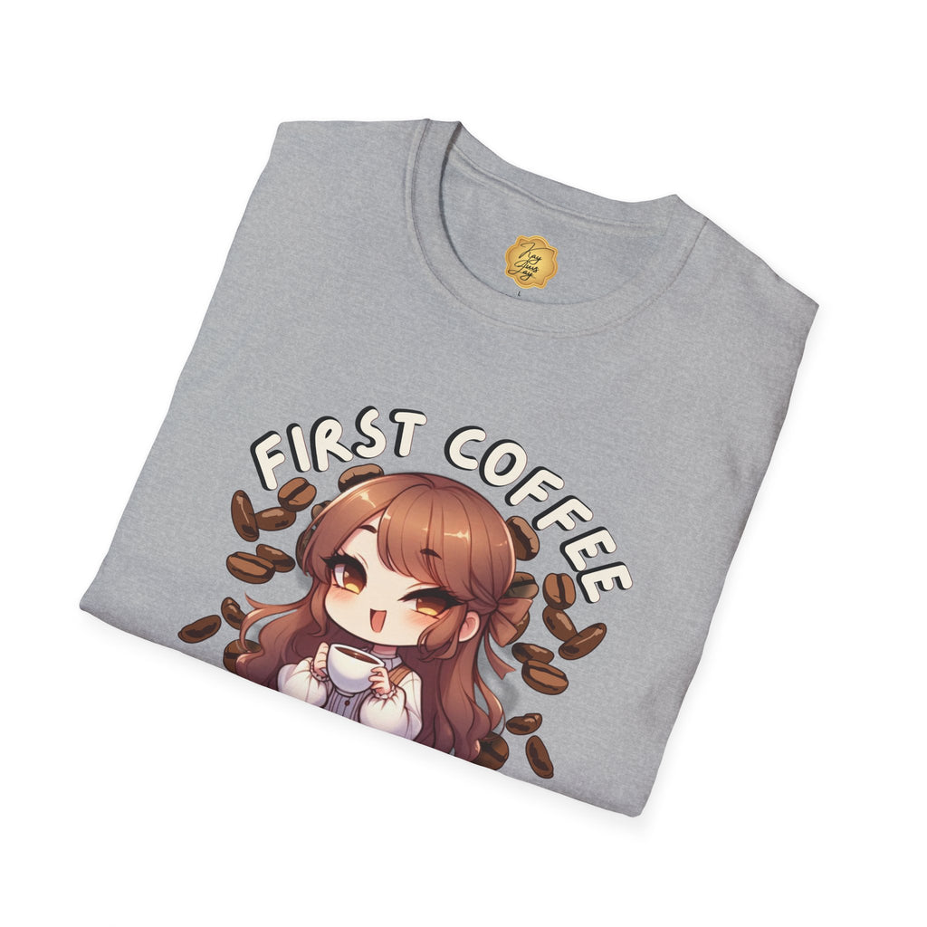 Gray t-shirt with an anime character and 'First Coffee' text on a white background