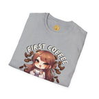 Gray t-shirt with an anime character and 'First Coffee' text on a white background