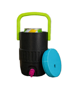Black cooler with green handle and blue top on a wooden surface outdoors.