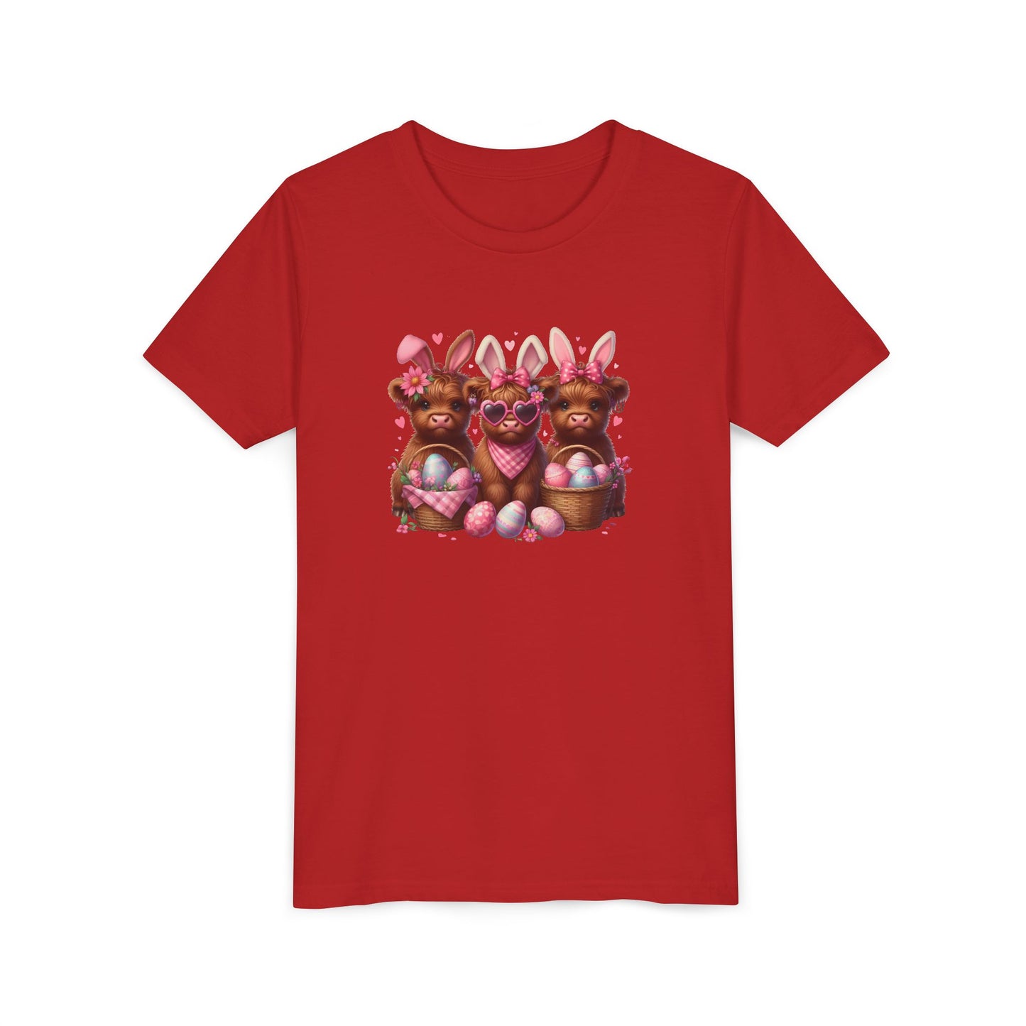 Youth Tee with Bunny Highland Cows and Easter Eggs