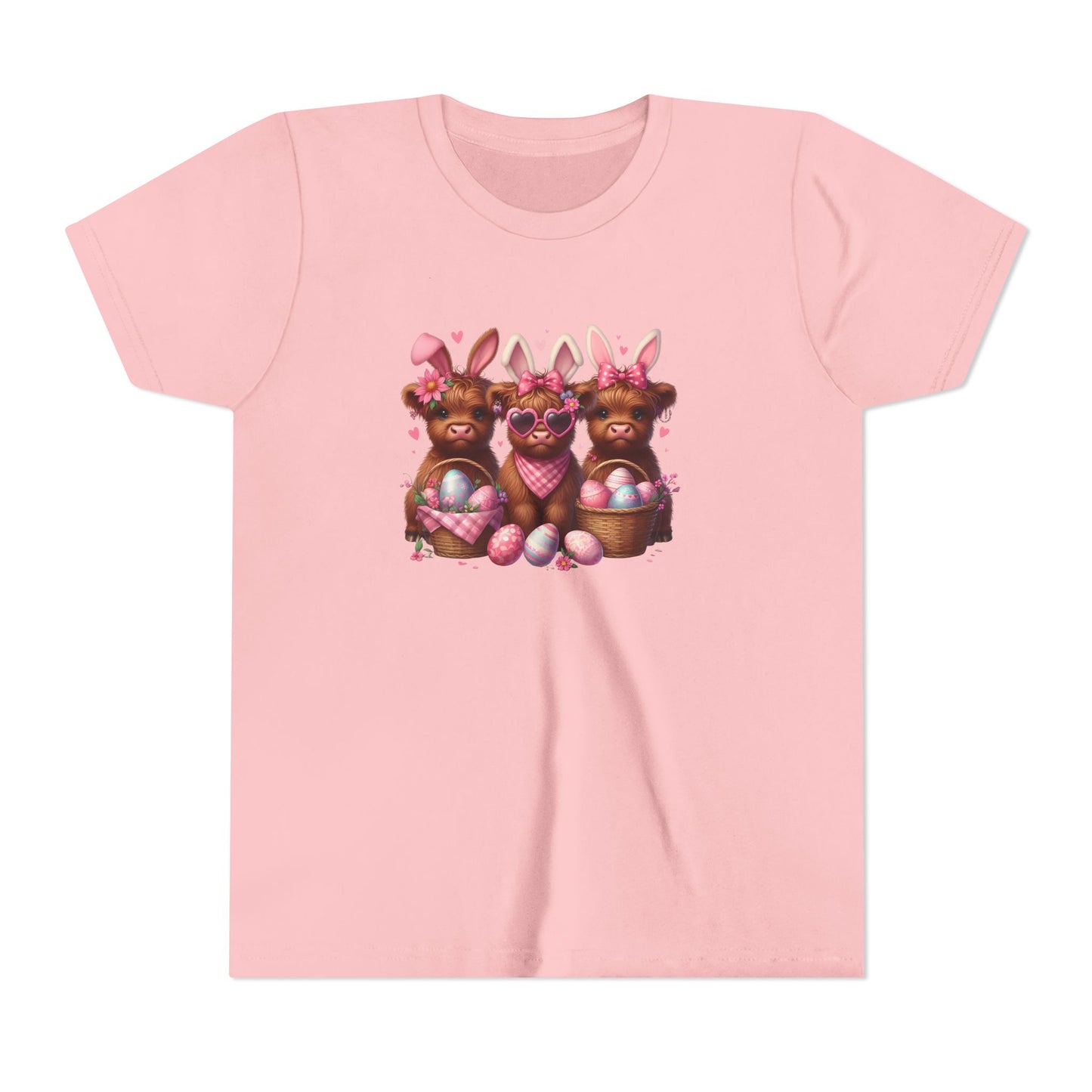Youth Tee with Bunny Highland Cows and Easter Eggs