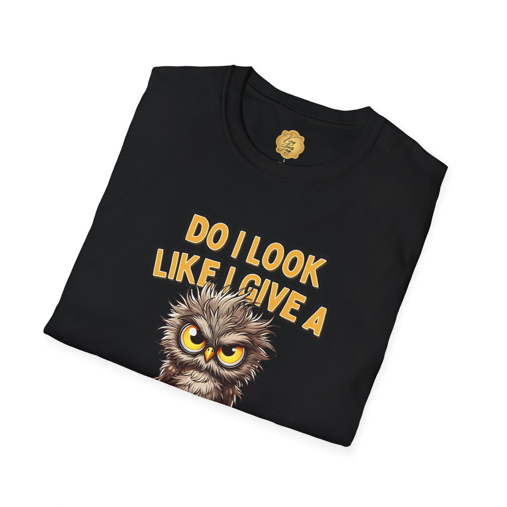 Black t-shirt with an owl graphic and text on a white background
