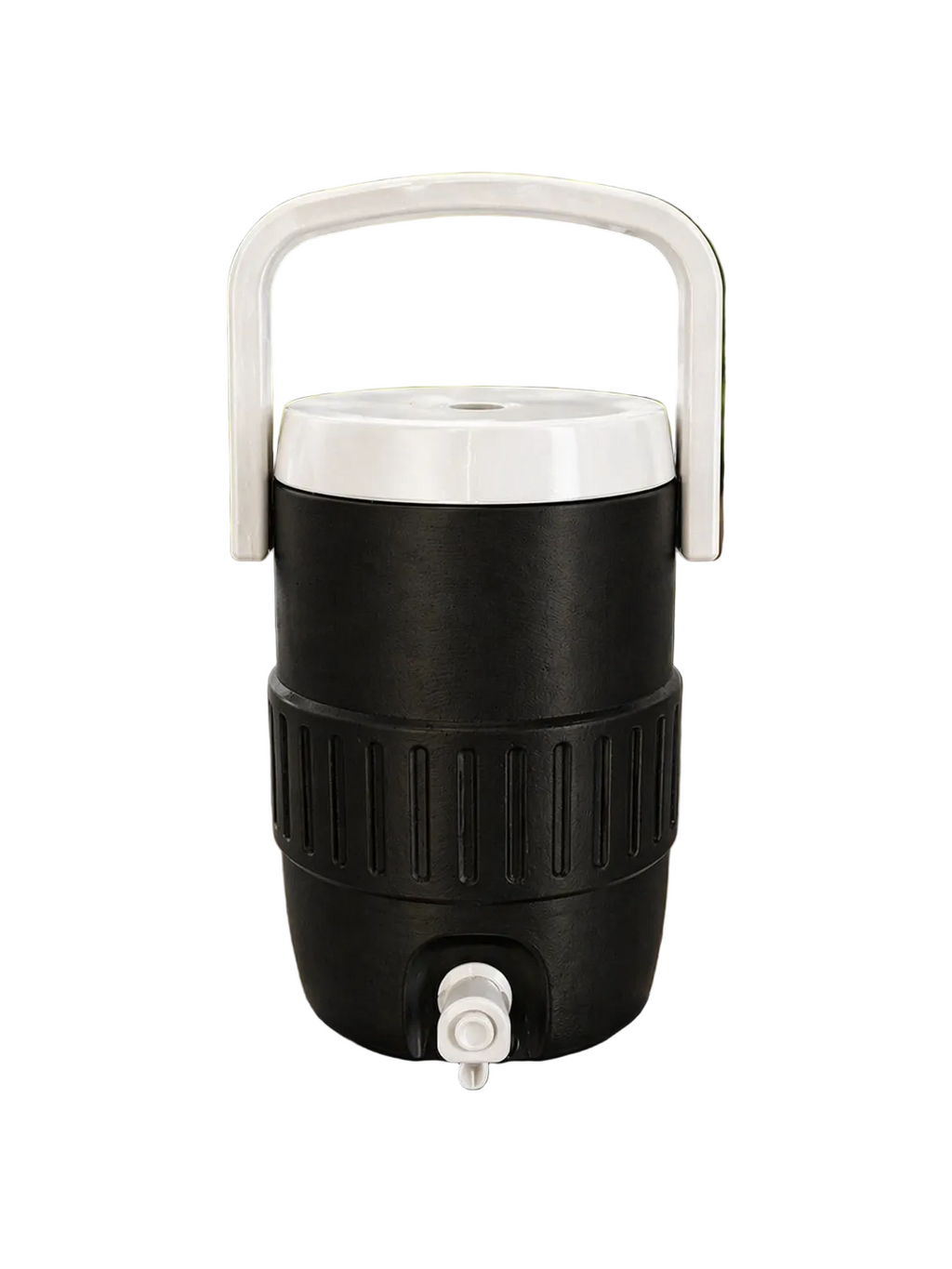 Black water cooler jug with white handle on a wooden surface outdoors