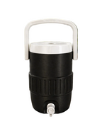Black water cooler jug with white handle on a wooden surface outdoors