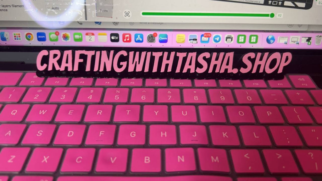 Pink keyboard with 'Crafting with Tasha' branding and a ruler in the background.