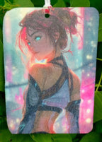 Card with a stylized character on a green leaf background