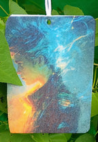 Colorful rectangular object hanging among green leaves