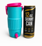 Turquoise drink dispenser with pink lid and spout next to a '12 oz Skinny Can' can on a white background