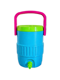 Blue water jug with green lid and pink handle on a wooden surface outdoors
