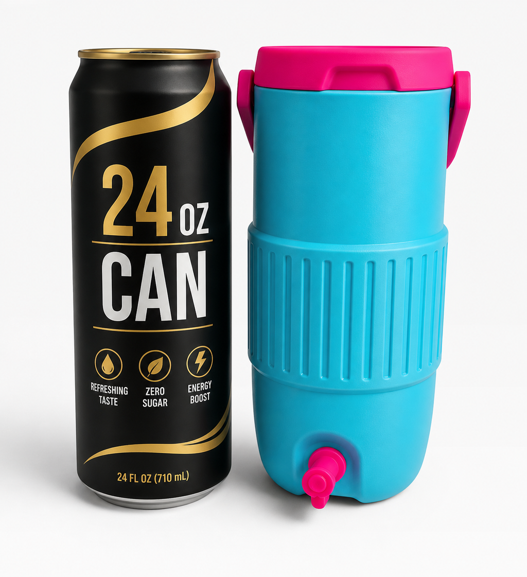 24 oz can and blue container with pink lid on a white background