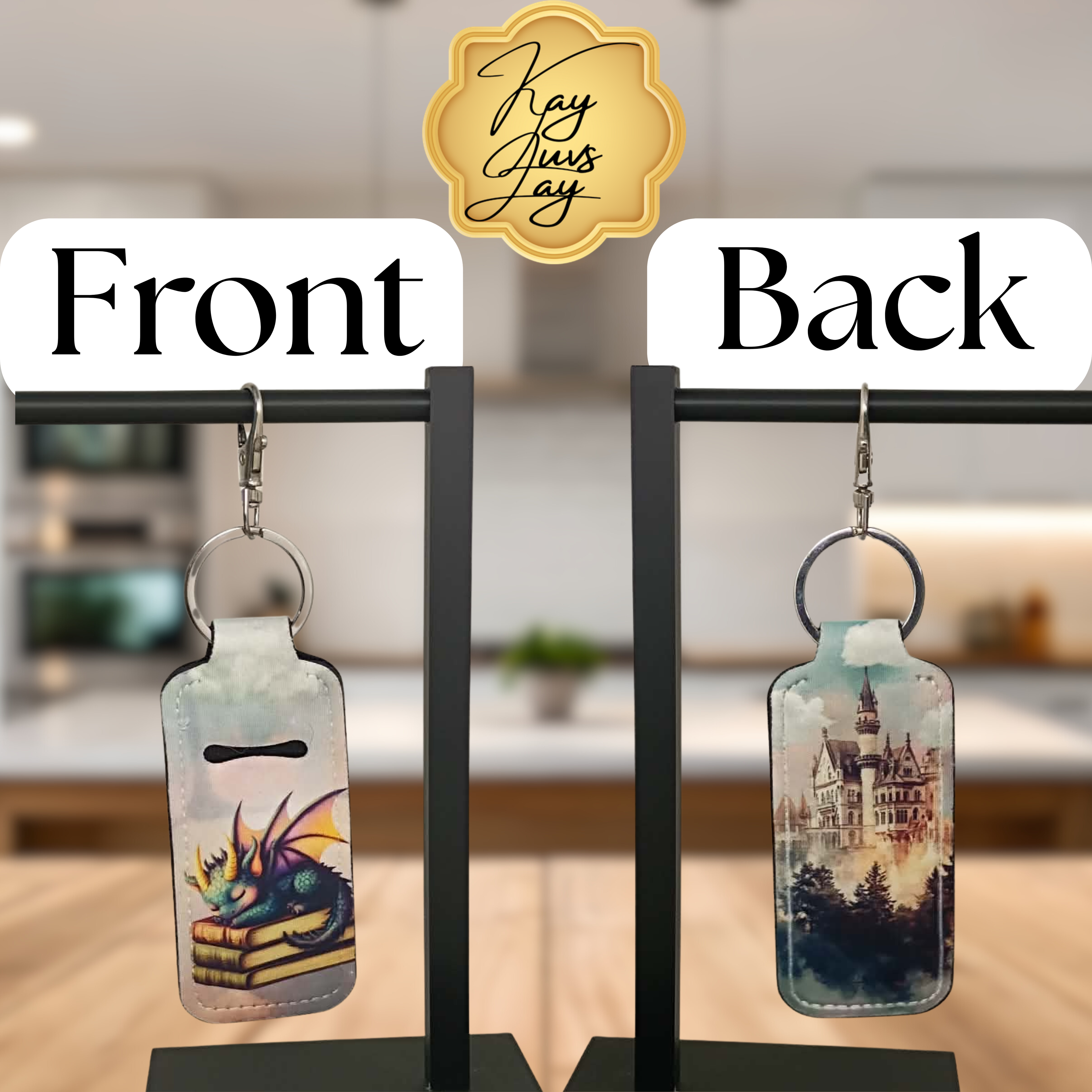 Fantasy Chapstick Holder Keychain – Double Sided Dragon & Castle Design
