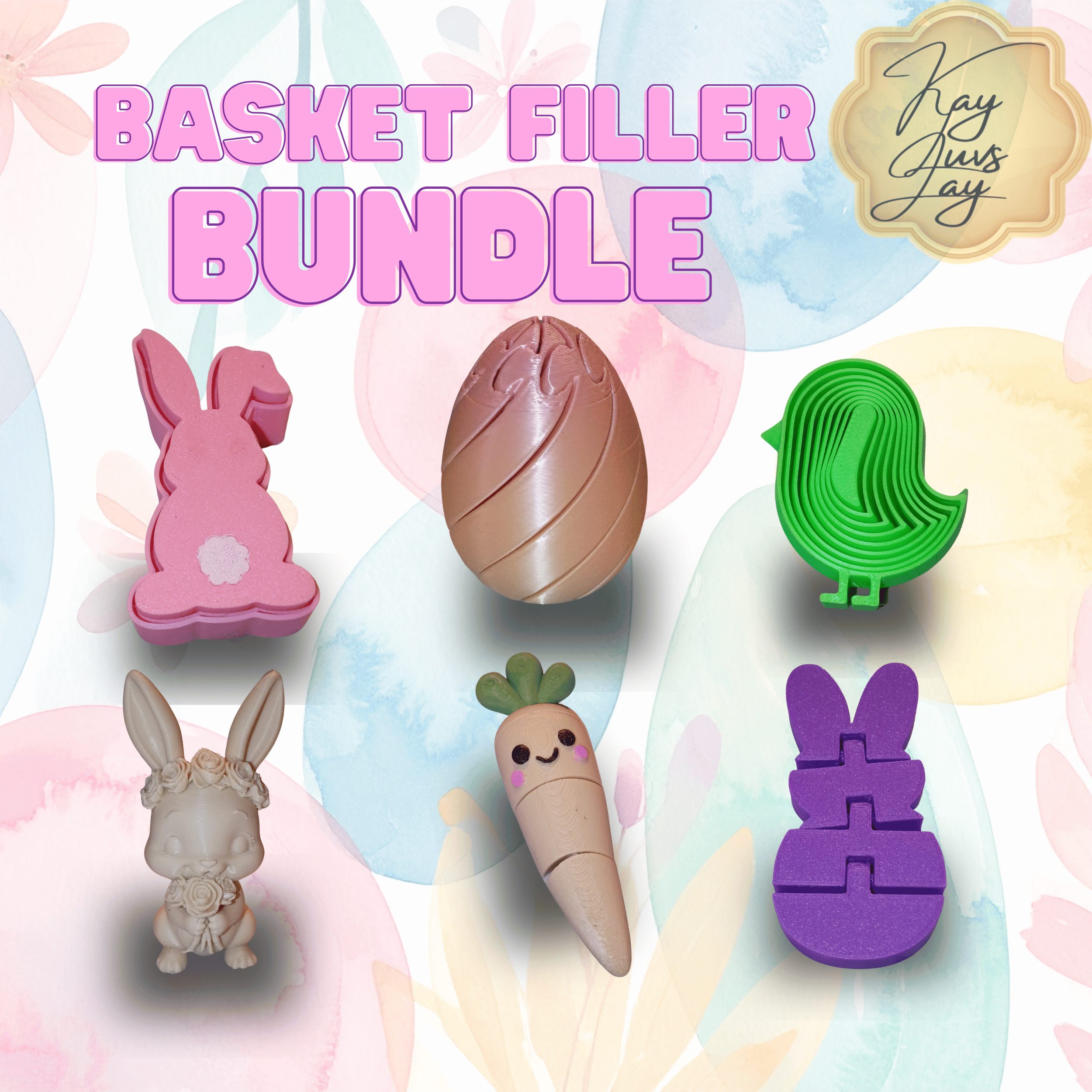 Easter Basket Filler Bundle – 6 Piece 3D Printed Fidget & Decor Set – Bunny, Chick, Carrot & Egg Sensory Gift Pack